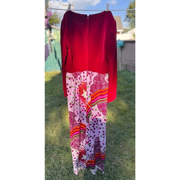 Vintage 1960s Velvet & Psychedelic Print Maxi Dress Burgundy Mod Evening Gown - Picture 3 of 8